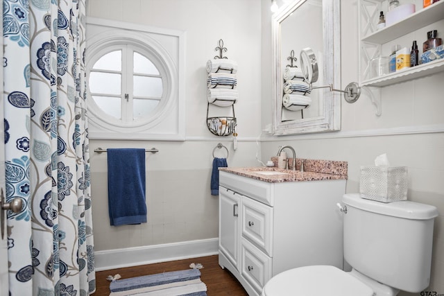 full bathroom with toilet, wood finished floors, a shower with curtain, tile walls, and vanity