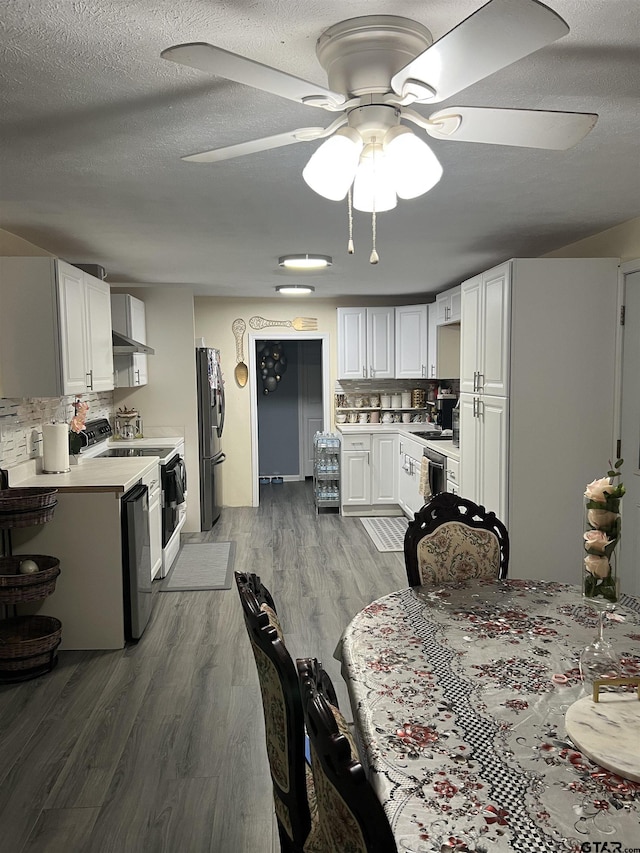 113 W Paschal St, Troup, TX 75789 - kitchen featuring appliances with stainless steel finishes, a ceiling fan, backsplash, light countertops, and light wood-type flooring