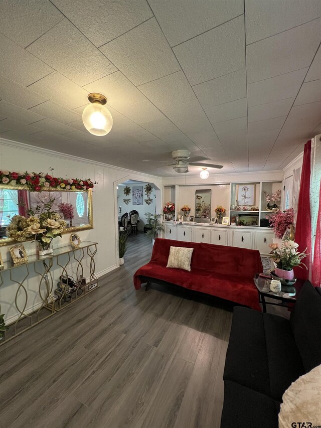 113 W Paschal St, Troup, TX 75789 - living area with wood finished floors, ceiling fan, and crown molding