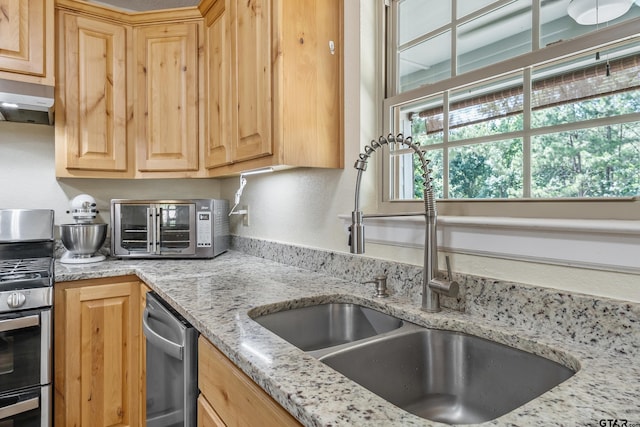 3466 County Road 4305, Larue, TX 75770 - kitchen with a sink, light brown cabinets, appliances with stainless steel finishes, exhaust hood, and light stone counters
