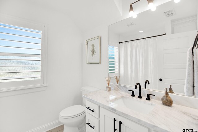 bathroom with vanity, toilet, and a healthy amount of sunlight