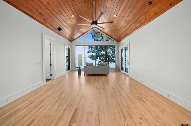 unfurnished living room with visible vents, baseboards, ceiling fan, wood ceiling, and light wood-style flooring