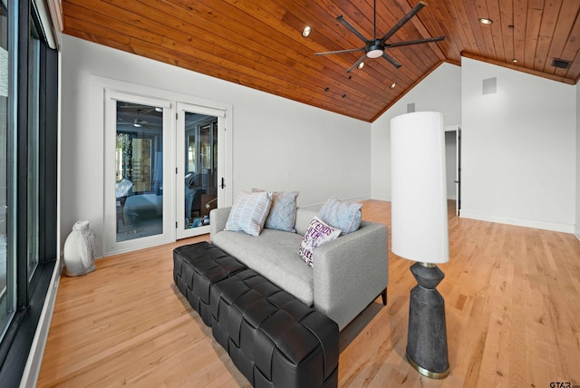 living room with a ceiling fan, lofted ceiling, wooden ceiling, and light wood-style flooring