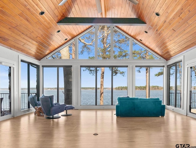 unfurnished sunroom with a healthy amount of sunlight, a water view, wooden ceiling, and lofted ceiling with beams