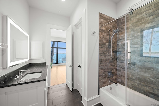 bathroom featuring shower / bathing tub combination, a water view, and vanity