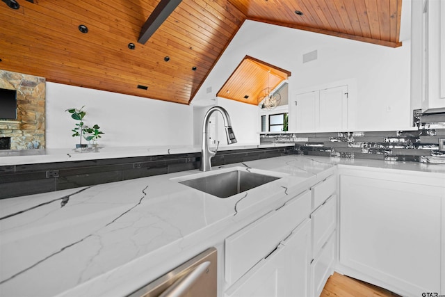 kitchen with wood ceiling, a sink, white cabinetry, and light stone countertops