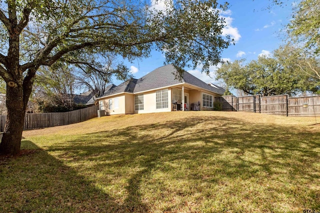 back of property featuring a yard, a fenced backyard, and stucco siding