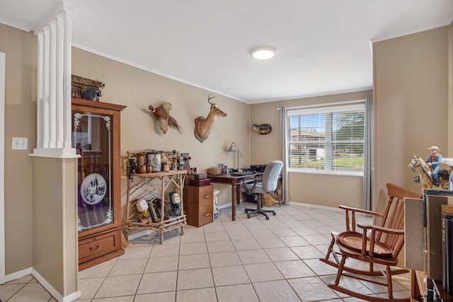 311 E Amherst St, Tyler, TX 75703 - home office with crown molding, light tile patterned flooring, and baseboards