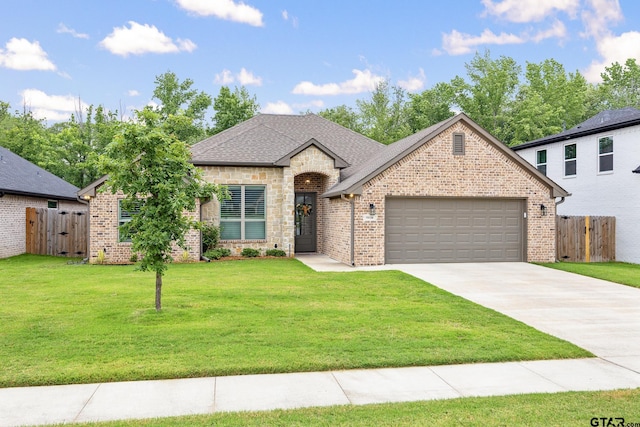 19128 Ambrosia Dr, Flint, TX 75762 - french country style house featuring an attached garage, concrete driveway, brick siding, stone siding, and roof with shingles