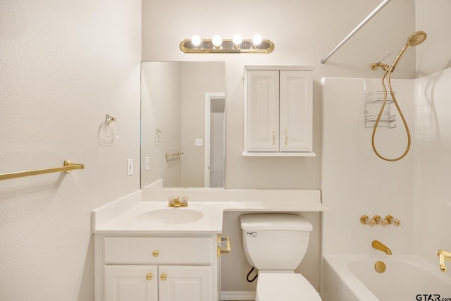 full bathroom featuring vanity, shower / washtub combination, and toilet