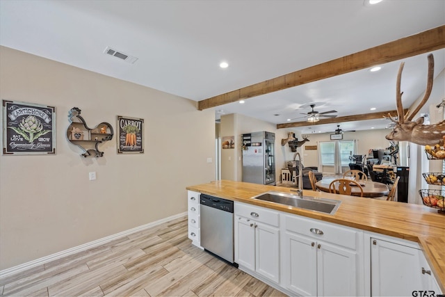 kitchen featuring dishwasher, white cabinets, light hardwood / wood-style floors, and wood counters