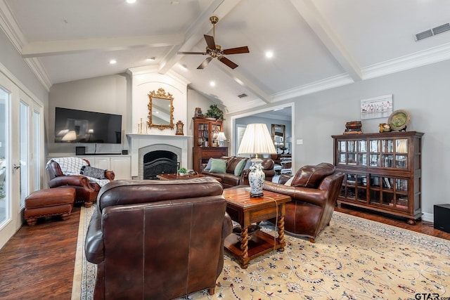 living room featuring crown molding, hardwood / wood-style flooring, lofted ceiling with beams, and ceiling fan