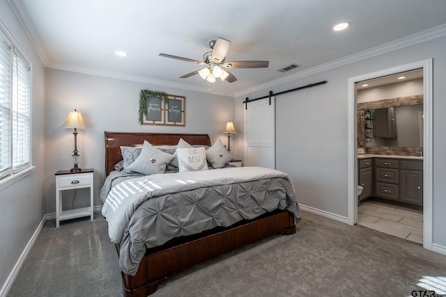 408 Cumberland Rd, Tyler, TX 75703 - carpeted bedroom with a barn door, multiple windows, baseboards, recessed lighting, and ornamental molding