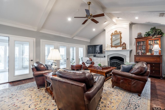 living room with french doors, ceiling fan, lofted ceiling with beams, and hardwood / wood-style floors