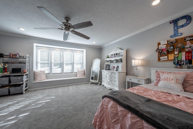 bedroom with crown molding, a textured ceiling, ceiling fan, and carpet flooring