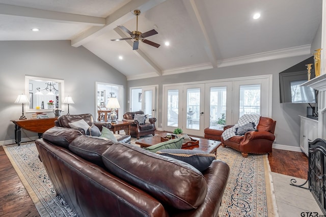 living room with ceiling fan, a fireplace, light hardwood / wood-style floors, lofted ceiling with beams, and french doors