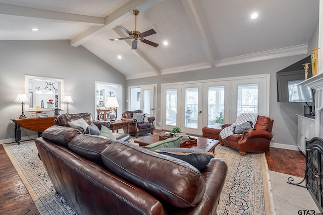 408 Cumberland Rd, Tyler, TX 75703 - living area featuring wood finished floors, ceiling fan, recessed lighting, baseboards, and a fireplace with flush hearth