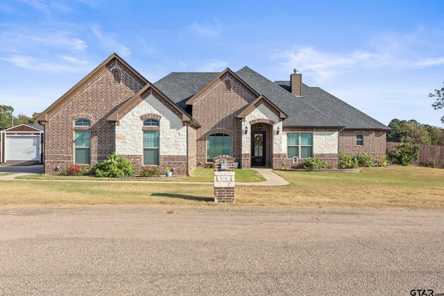 french provincial home featuring a garage, an outdoor structure, and a front lawn