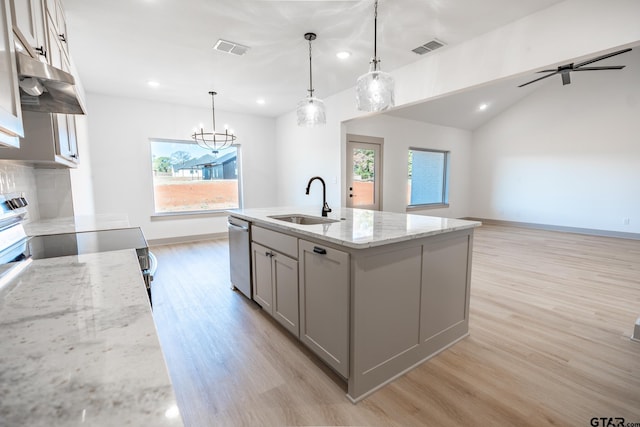 kitchen featuring an island with sink, hanging light fixtures, plenty of natural light, and stainless steel appliances