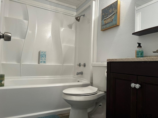 full bathroom with vanity, shower / washtub combination, toilet, and crown molding