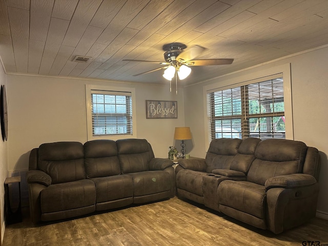 living room with ornamental molding, wood-type flooring, ceiling fan, and wood ceiling