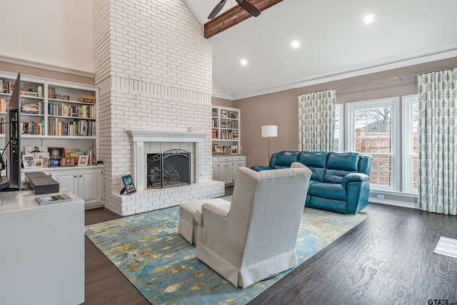 living room with a fireplace, beam ceiling, dark hardwood / wood-style flooring, and high vaulted ceiling