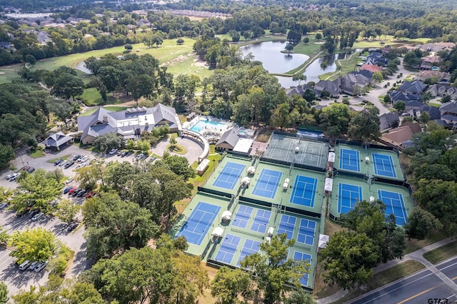 drone / aerial view with a water view