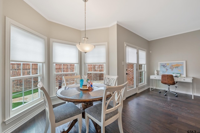 dining room featuring plenty of natural light, crown molding, and dark hardwood / wood-style flooring