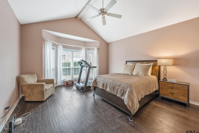 bedroom featuring ceiling fan, dark wood-type flooring, and lofted ceiling with beams