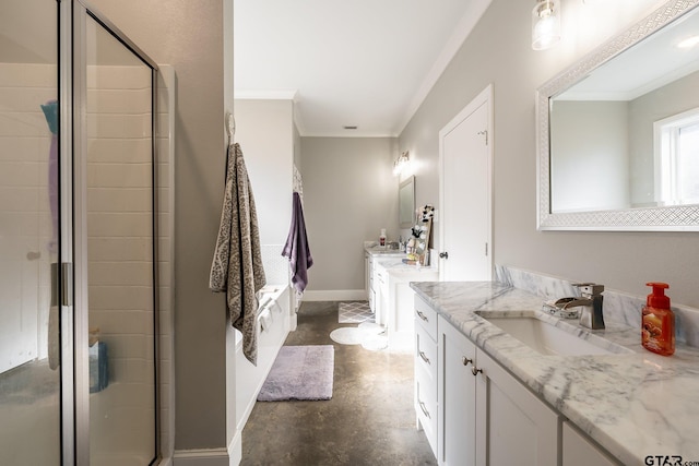 bathroom with vanity, walk in shower, concrete floors, and crown molding