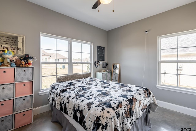 bedroom featuring multiple windows and ceiling fan