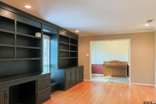 8310 Columbia Dr, Tyler, TX 75703 - unfurnished office with crown molding, baseboards, light wood finished floors, and recessed lighting