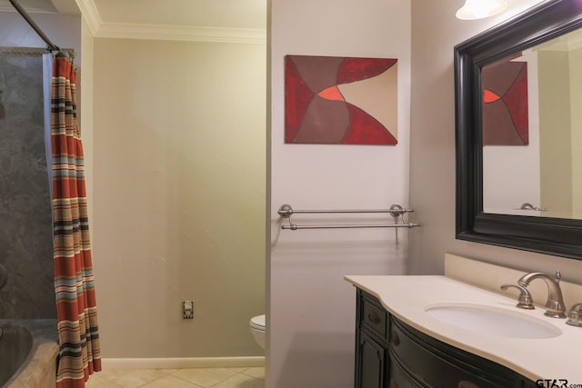 8310 Columbia Dr, Tyler, TX 75703 - full bathroom with ornamental molding, vanity, toilet, tile patterned flooring, and baseboards