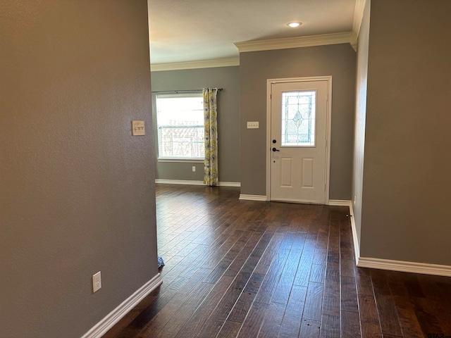 foyer featuring dark wood-type flooring, crown molding, and a healthy amount of sunlight