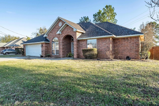 view of front facade with brick siding, concrete driveway, fence, a garage, and a front lawn