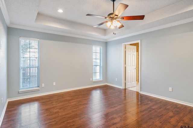 spare room featuring hardwood / wood-style flooring, a textured ceiling, a raised ceiling, and a wealth of natural light