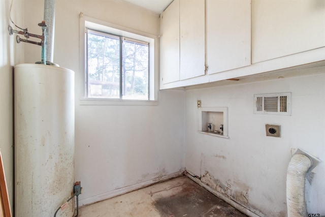 washroom with hookup for a washing machine, cabinet space, visible vents, water heater, and hookup for an electric dryer