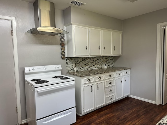 kitchen featuring decorative backsplash, white cabinetry, white electric stove, and wall chimney exhaust hood