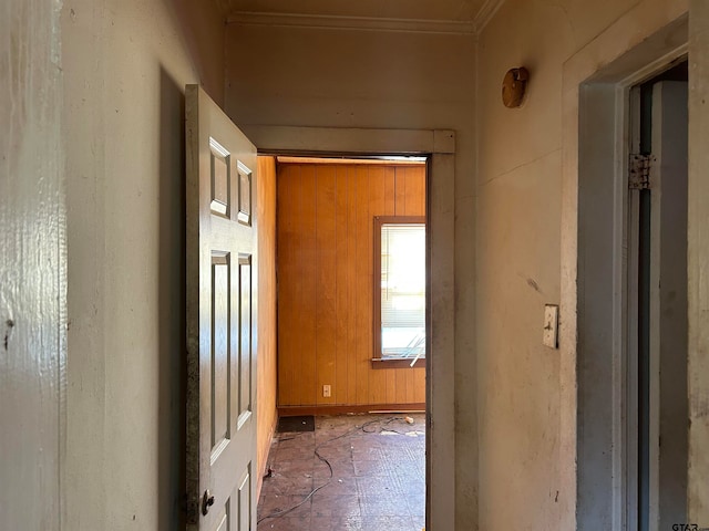 hall featuring wooden walls