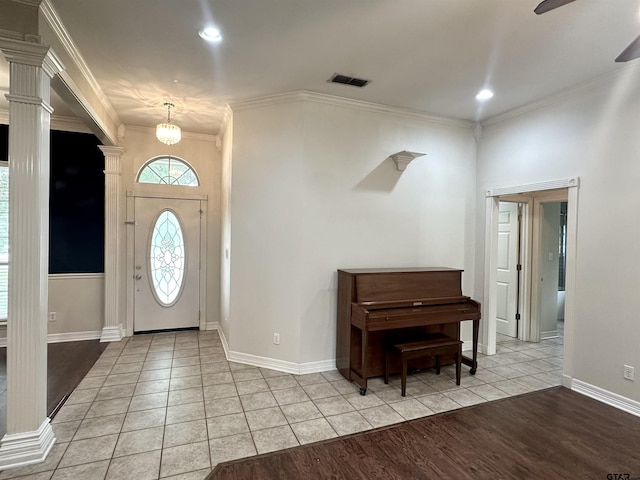 807 Brownwood Cir, Lindale, TX 75771 - foyer featuring ornamental molding, light wood-style flooring, a ceiling fan, recessed lighting, and ornate columns