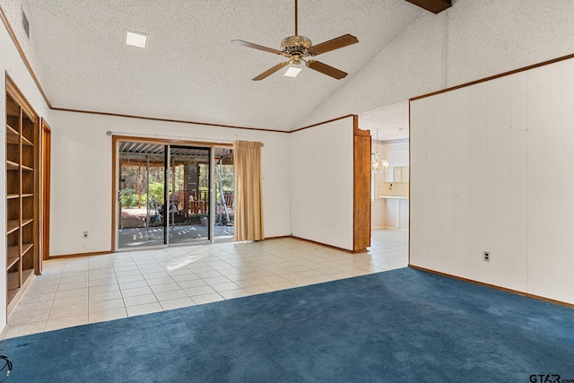 unfurnished room featuring ceiling fan, light carpet, and vaulted ceiling