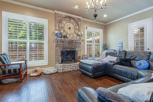 6530 Ashmore Ln, Tyler, TX 75703 - living room featuring a chandelier, a fireplace, hardwood / wood-style floors, ornamental molding, and recessed lighting