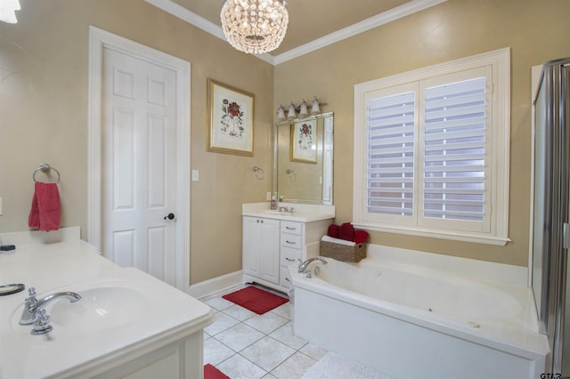 6530 Ashmore Ln, Tyler, TX 75703 - full bathroom featuring two vanities, a jetted tub, tile patterned floors, ornamental molding, and a chandelier