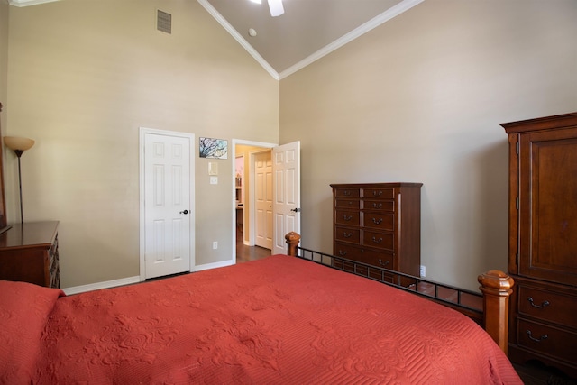 6530 Ashmore Ln, Tyler, TX 75703 - bedroom with high vaulted ceiling, ornamental molding, and a ceiling fan