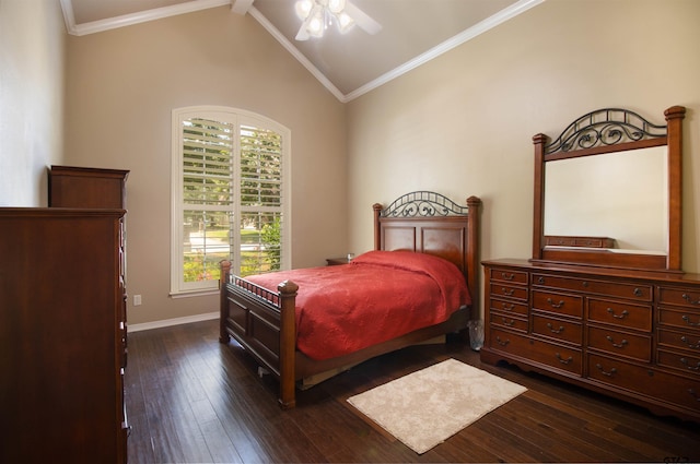 6530 Ashmore Ln, Tyler, TX 75703 - bedroom featuring multiple windows, dark wood-type flooring, vaulted ceiling, crown molding, and ceiling fan