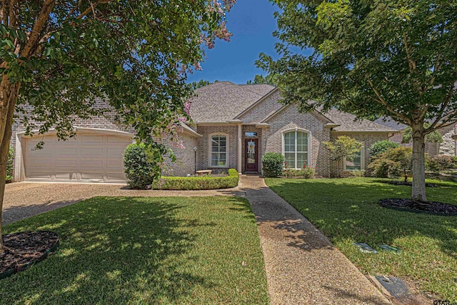 6530 Ashmore Ln, Tyler, TX 75703 - view of front facade with brick siding, a front yard, a shingled roof, a garage, and driveway