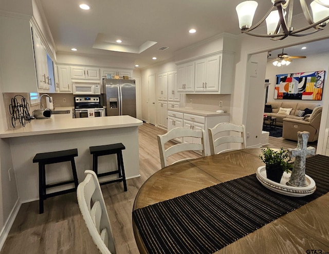 dining room with hardwood / wood-style flooring, ceiling fan, a raised ceiling, and sink