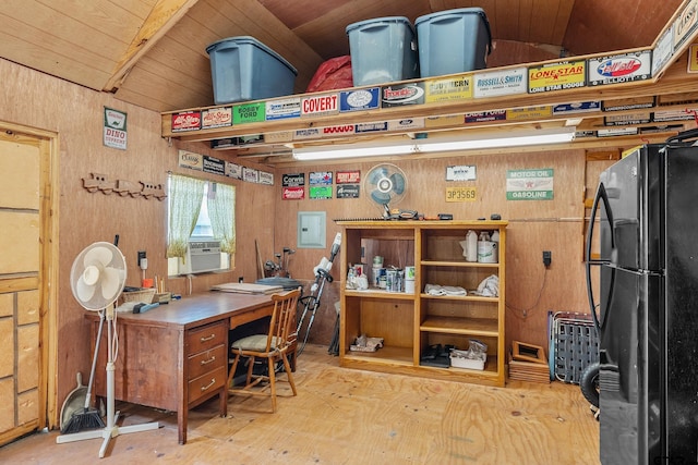 office with wood walls, cooling unit, and wood ceiling