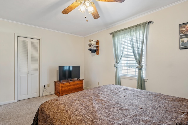 bedroom with ceiling fan, ornamental molding, a closet, and carpet floors