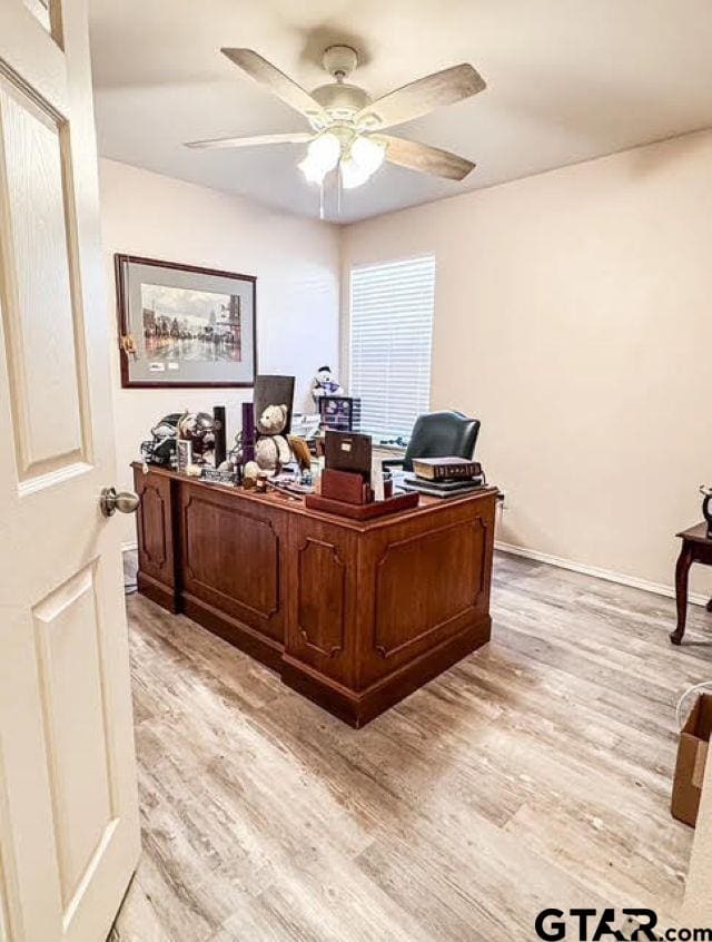 home office featuring ceiling fan and light hardwood / wood-style flooring